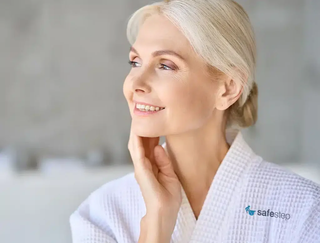 woman in safe step branded bathrobe
